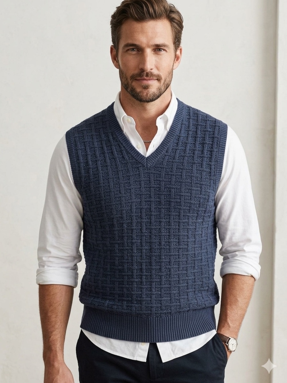 J.Crew Mens V-Neck Grandpa Sweater Vest XL Blue Checkered Stitch NWOT